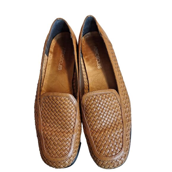 Aerosoles Tobacco Leather Loafer Womens 9B Woven‎ Slip On Low Heel Casual Work - Picture 1 of 15